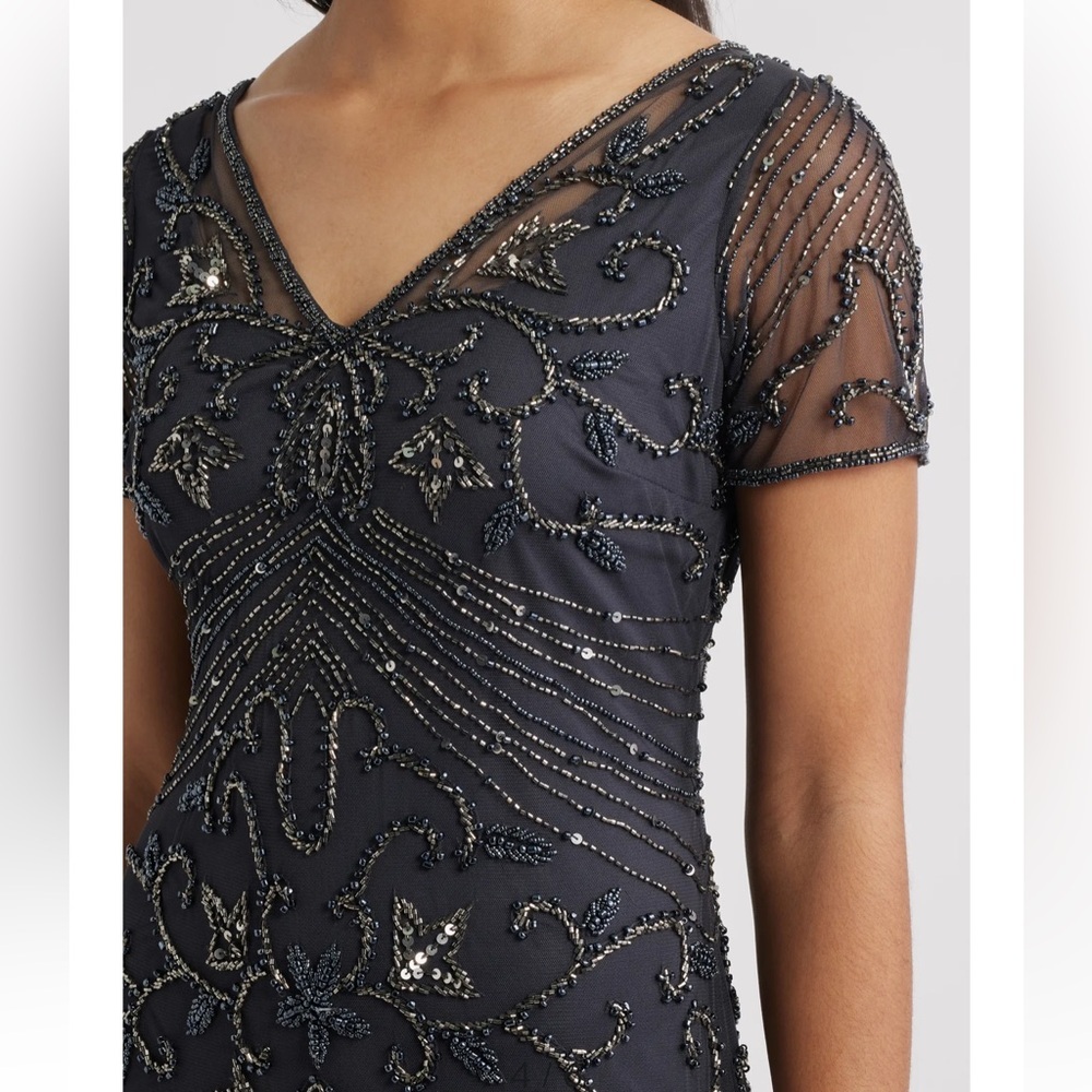 Pisarro Nights Beaded Mesh Column Gown in Griffin - Picture 4 of 15
